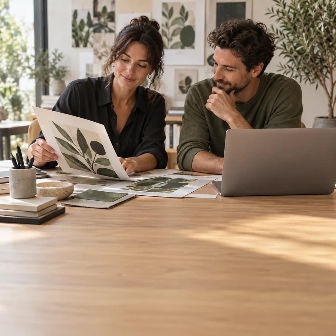 Creative team reviewing a campaign in a bright office.