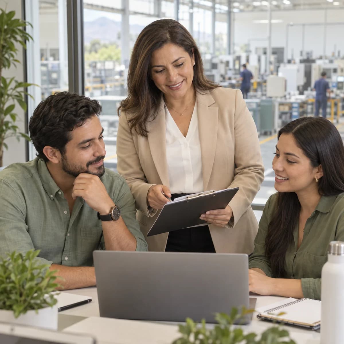 Un equipo de operaciones revisa documentos en una oficina con vista a una planta industrial.