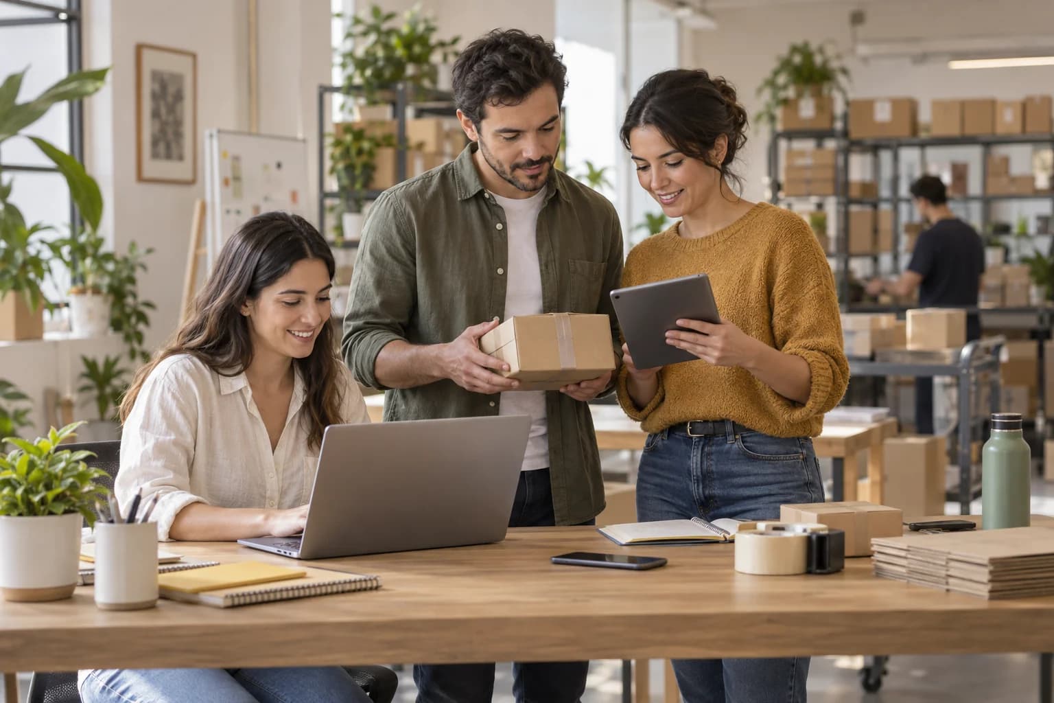 Equipo coordinando pedidos y paquetes en una oficina de comercio.