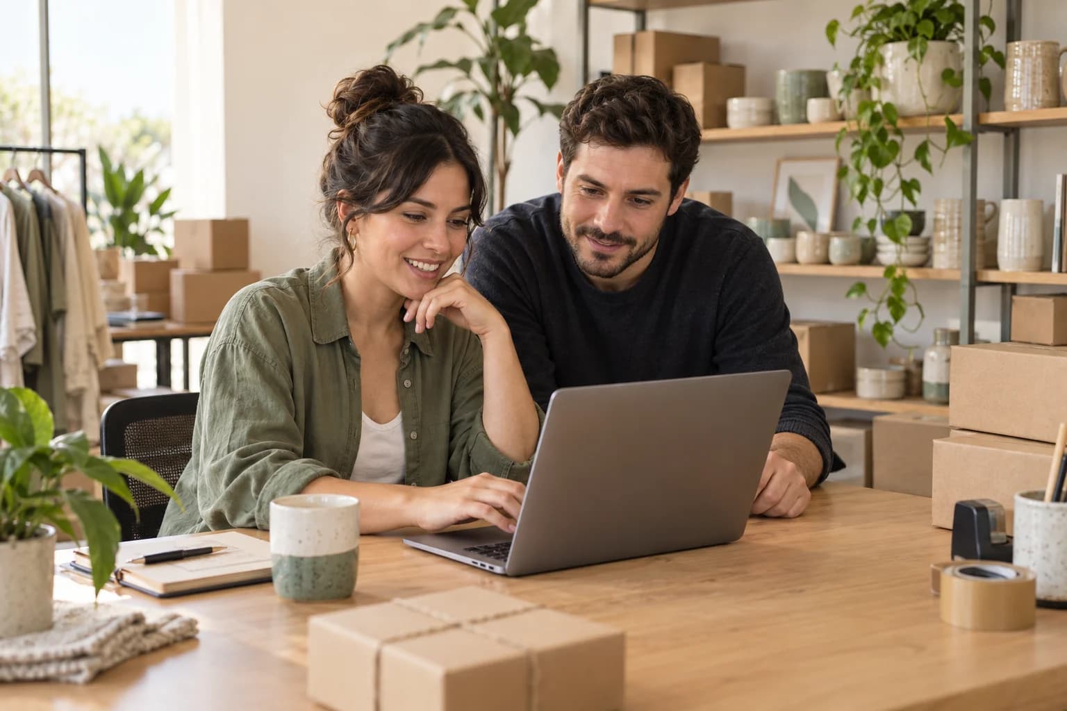 Dos colegas revisando una tienda online en una oficina.