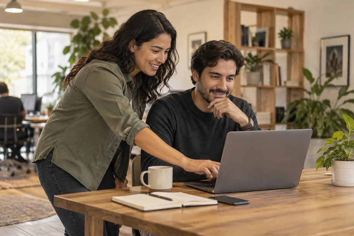 Two developers collaborate on a product in a bright office.