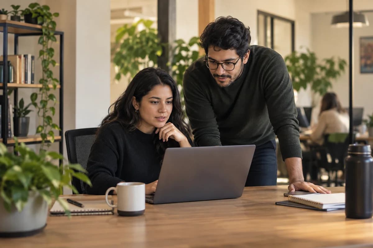 Dos profesionales de software revisan una integración en un escritorio compartido.