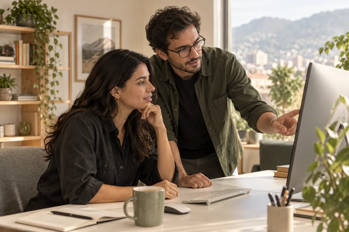 Una científica de datos y un diseñador evalúan opciones en un monitor.